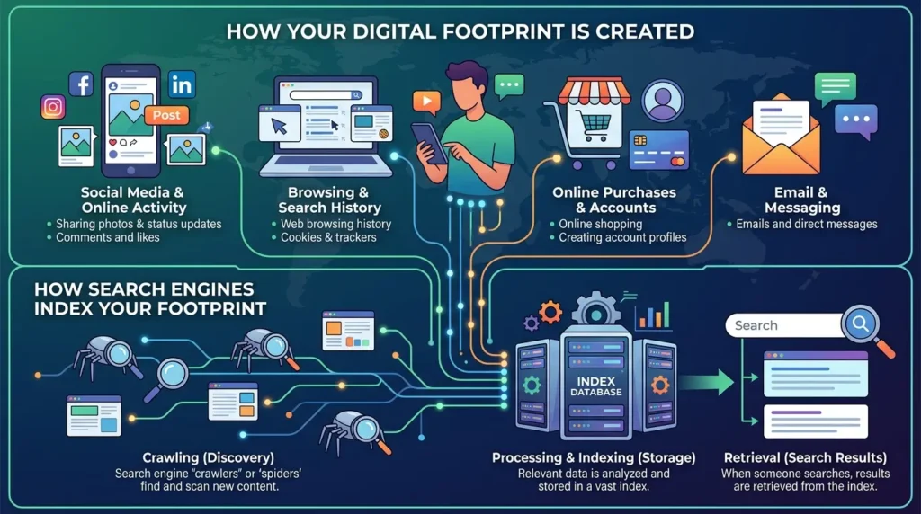 How is a digital footprint created and indexed by search engines?