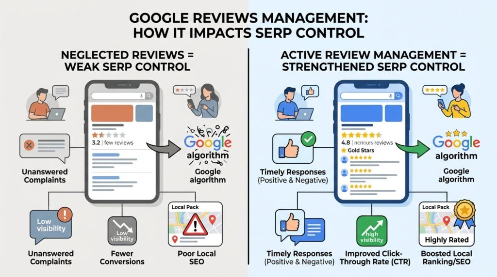 How does Google Reviews management strengthen SERP control?