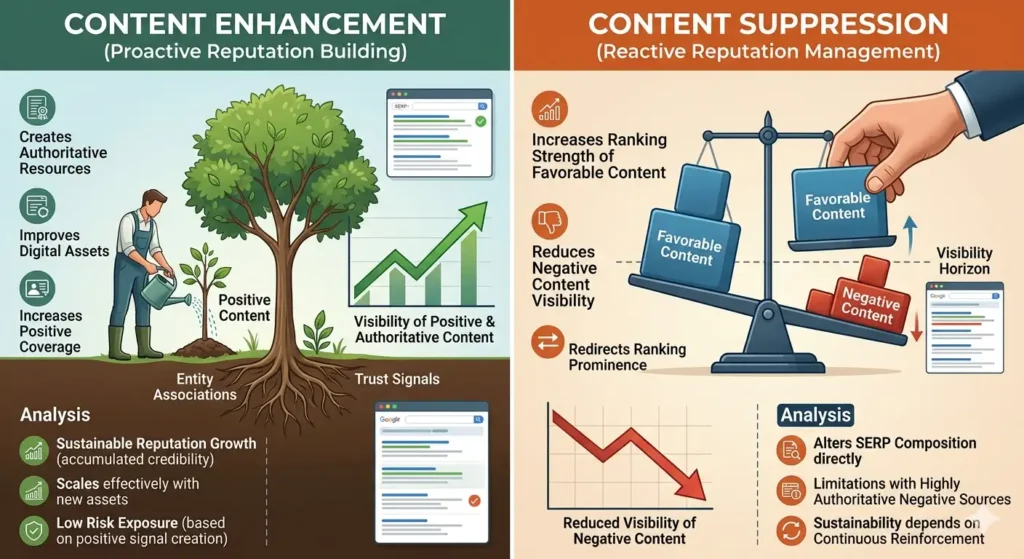 How Do Content Enhancement and Content Suppression Strategies Compare