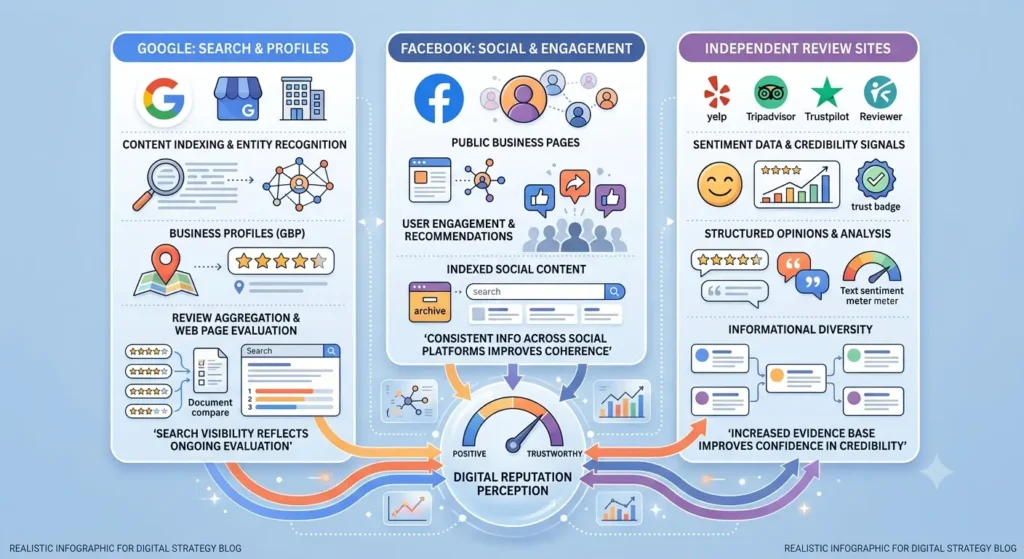 How do Google, Facebook, and review sites shape online reputation?