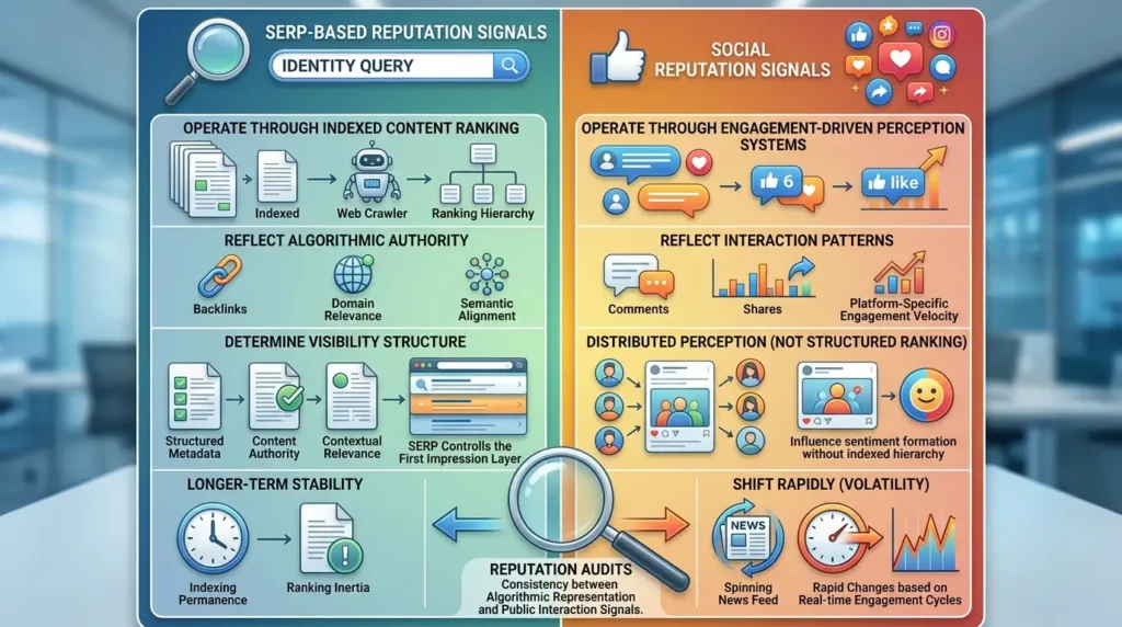 How do SERP-based reputation signals differ from social reputation signals