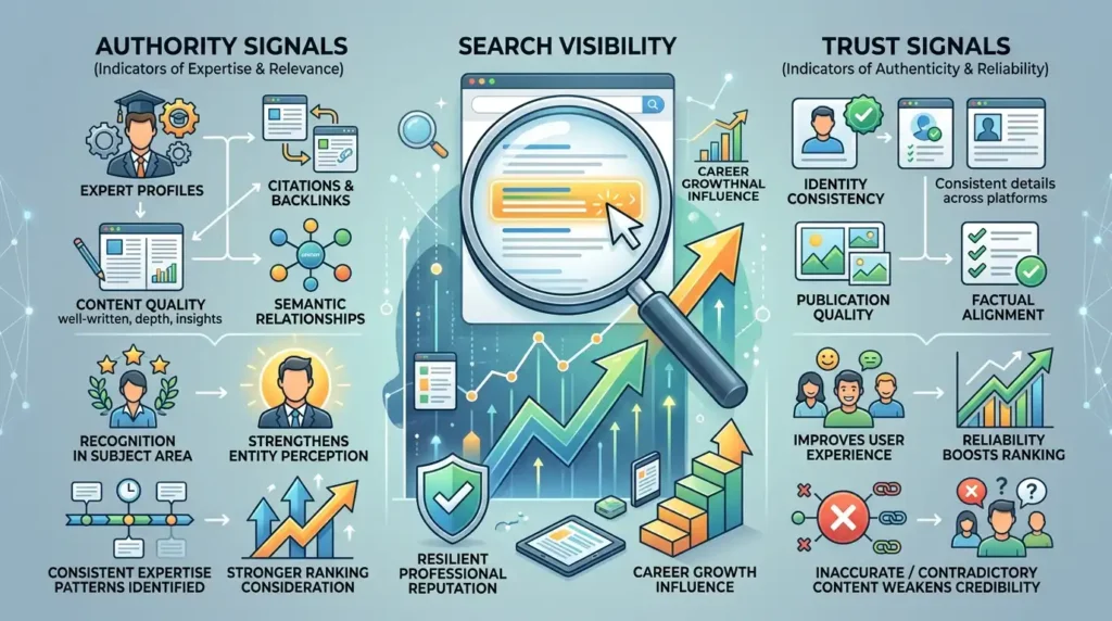 How do authority and trust signals affect search visibility