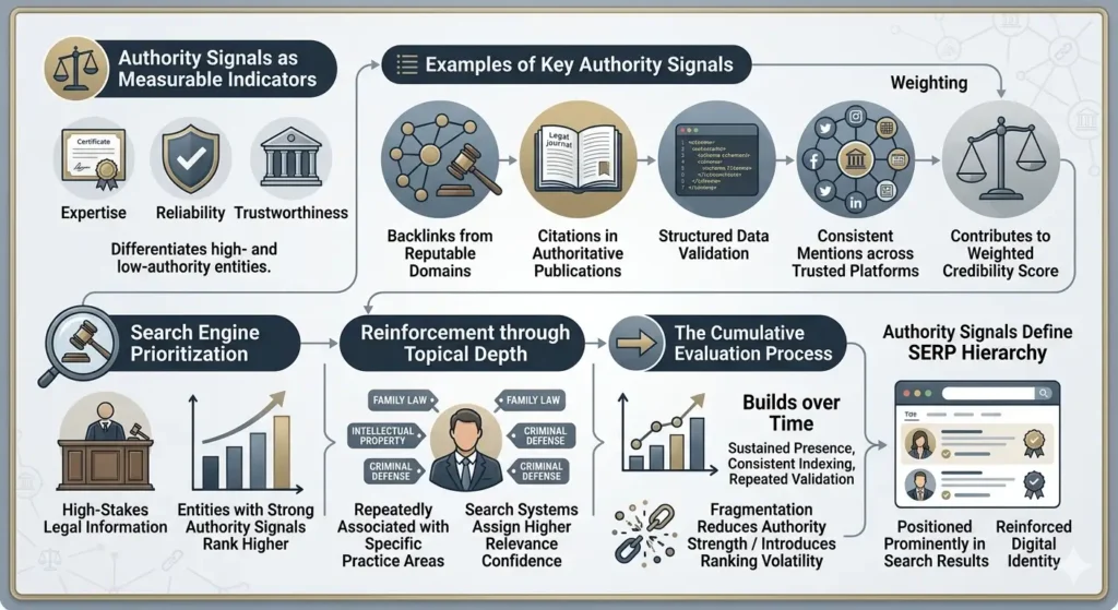How do authority signals determine credibility in legal search results