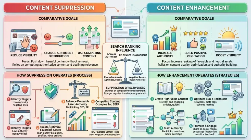 How do content suppression and content enhancement compare