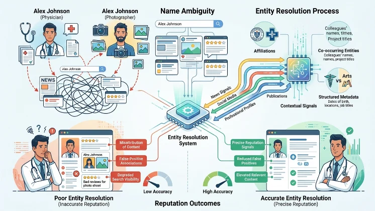 How do name ambiguity and entity resolution influence reputation accuracy?