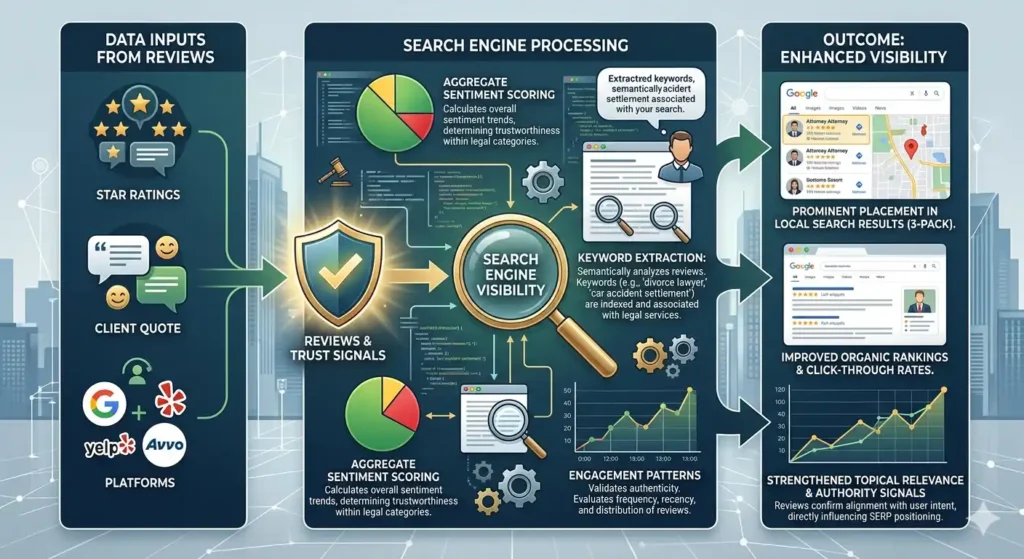 How do online reviews influence search visibility for lawyers