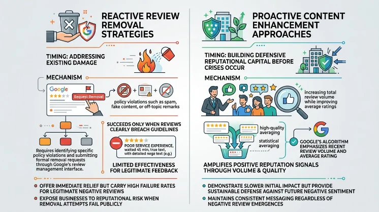 How do reactive review removal strategies compare to proactive content enhancement approaches