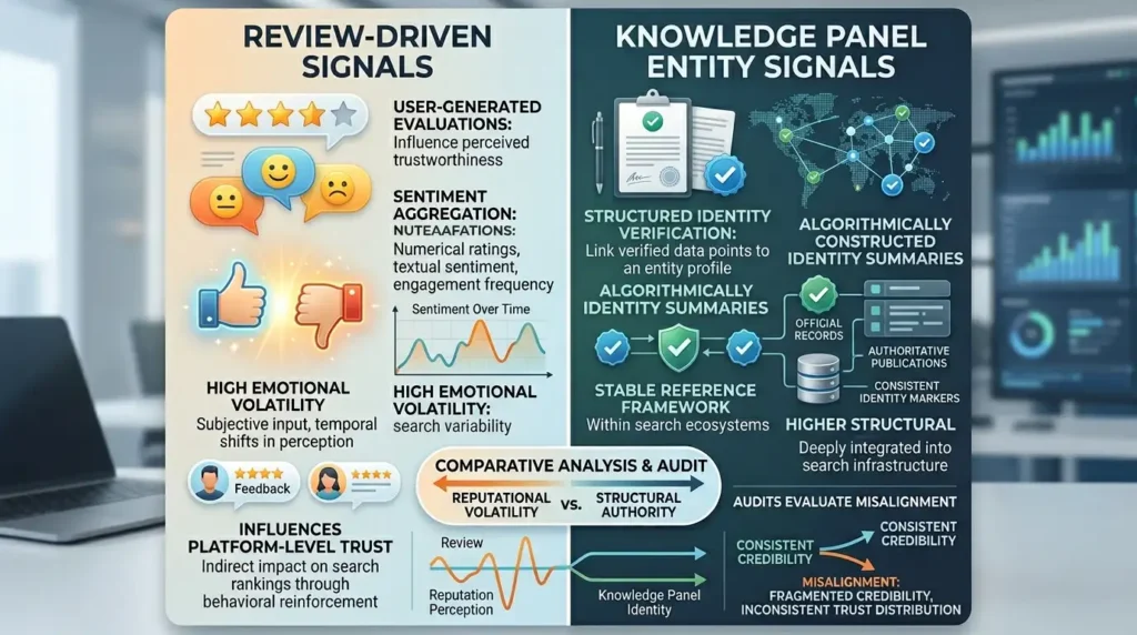 How do review-driven signals compare with knowledge panel entity signals