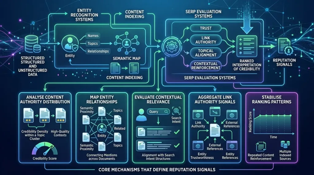How do search engines construct reputation signals in SERPs