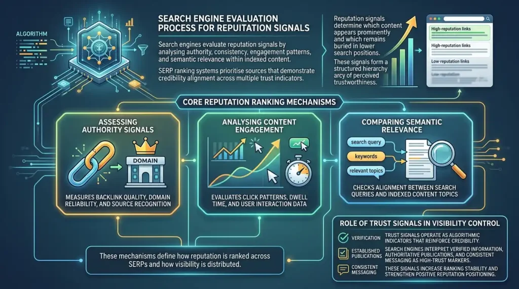 How do search engines evaluate and rank reputation signals in SERPs