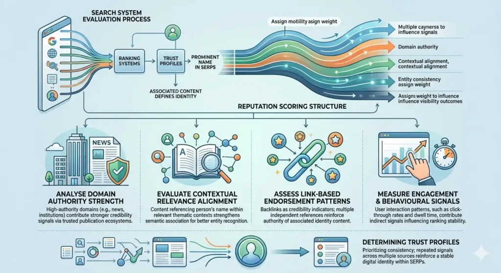 How do search engines evaluate reputation signals for individuals
