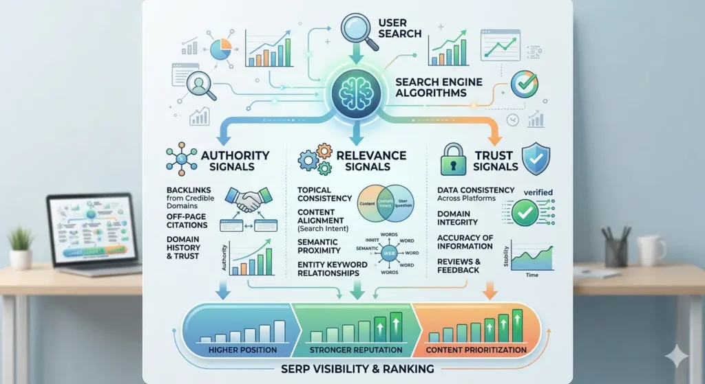 How do search engines evaluate reputation signals in SERPs