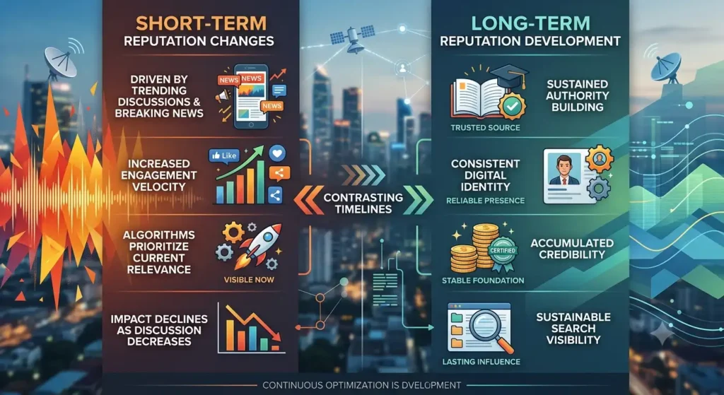 How do short-term reputation changes compare with long-term reputation development