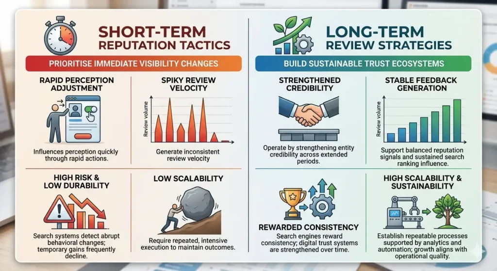 How do short-term reputation tactics compare with long-term review strategies