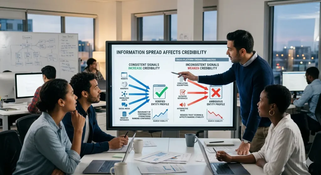 How does information spread across platforms impact credibility