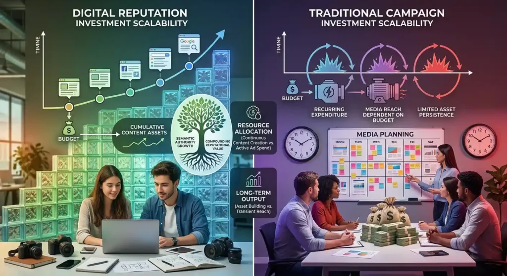 How does investment scalability differ between digital reputation management and traditional campaigns