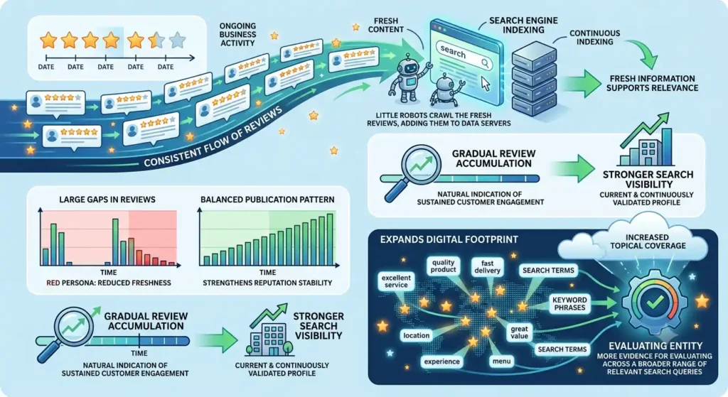 How does review frequency affect search visibility
