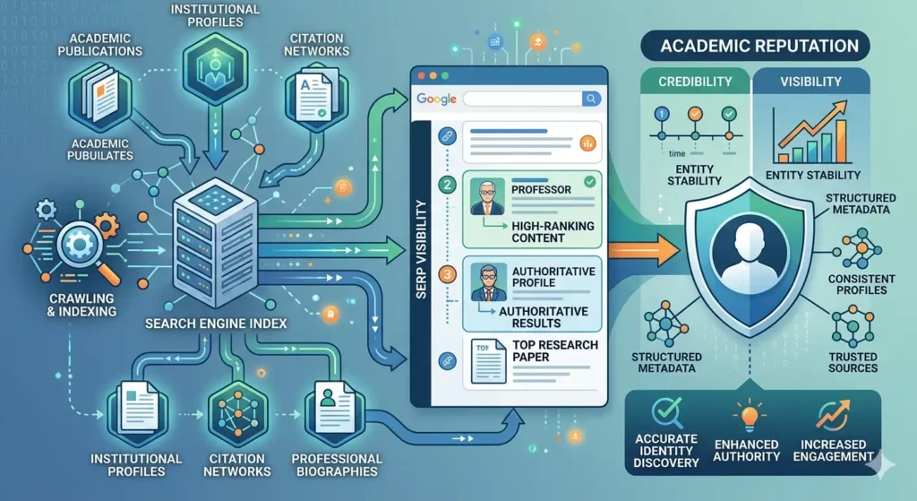 How does search engine indexing shape academic reputation online