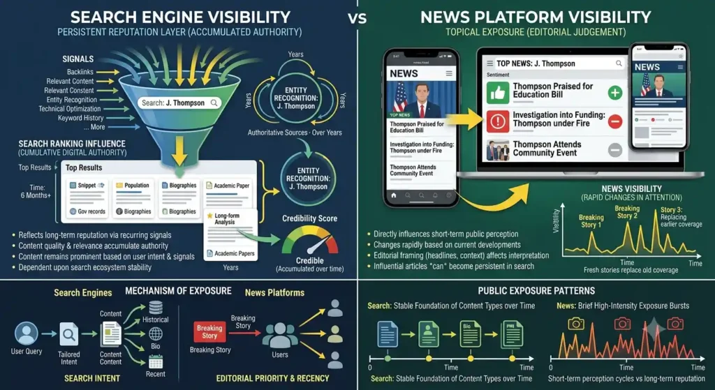 How does search engine visibility compare with news platform visibility