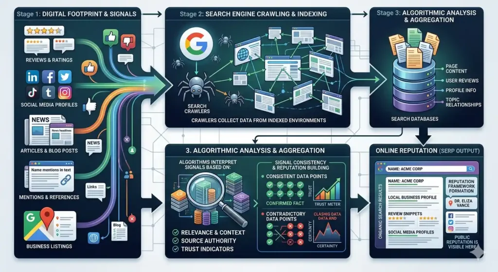 How is online reputation formed in search engines
