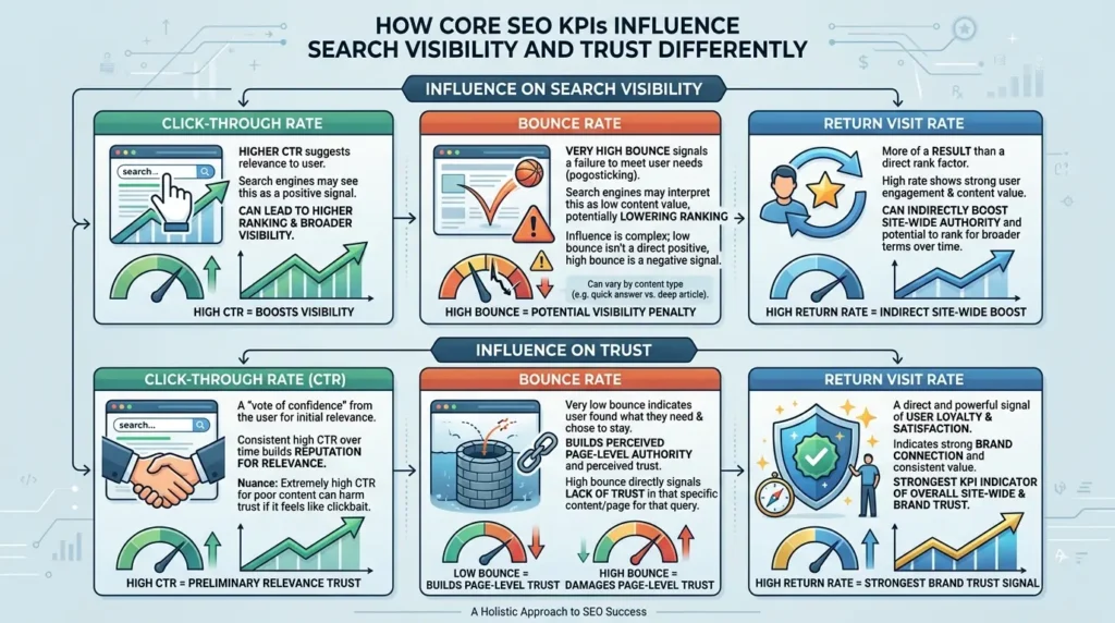 How do these KPIs influence search visibility and trust differently?
