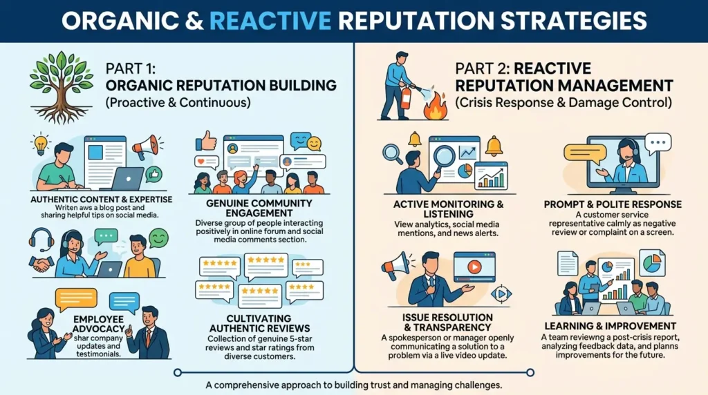 How Do Organic and Reactive Reputation Strategies Compare in Search Ecosystems?