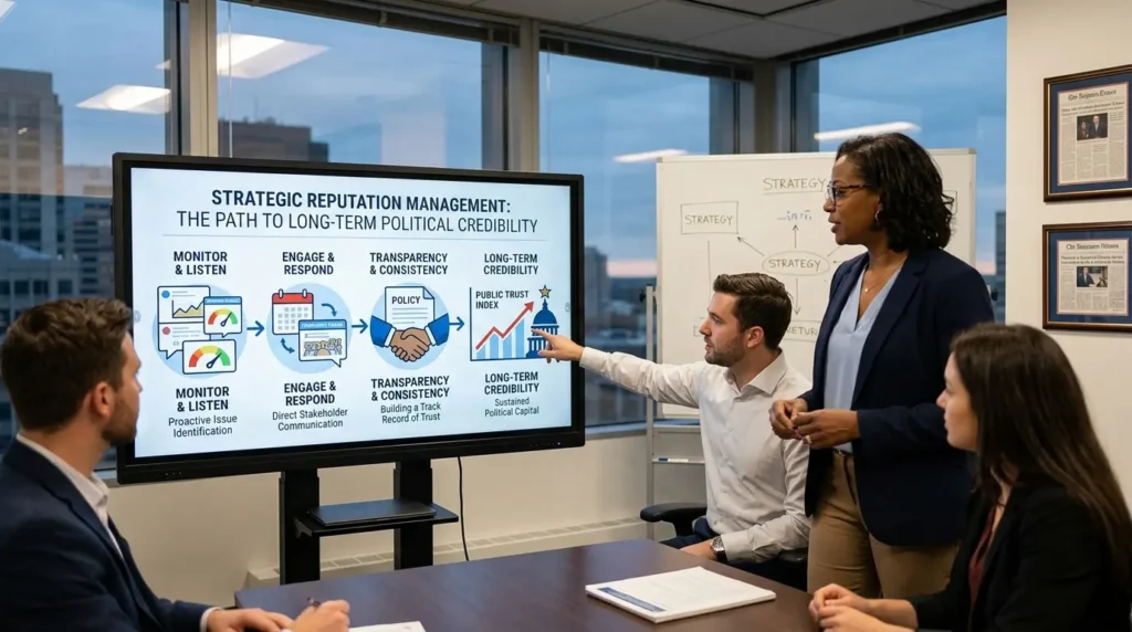 Which reputation management process delivers long-term political credibility?