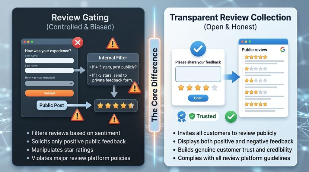 How does review gating compare with transparent review collection methods?