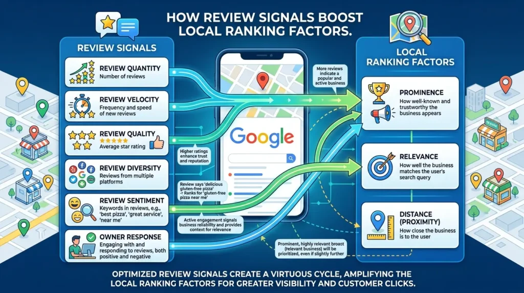 How do review signals interact with local ranking factors?