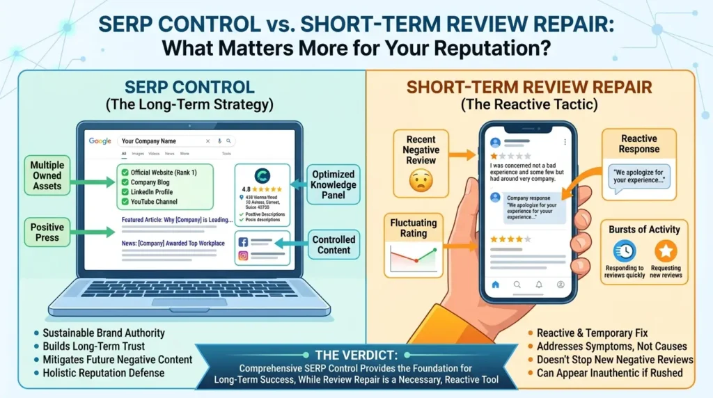 Why does long-term SERP control matter more than short-term review repair?
