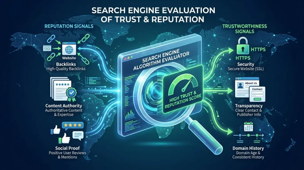 How do search engines evaluate reputation signals and trustworthiness?
