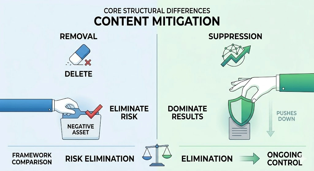 What Are the Core Structural Differences Between Content Suppression and Content Removal Strategies