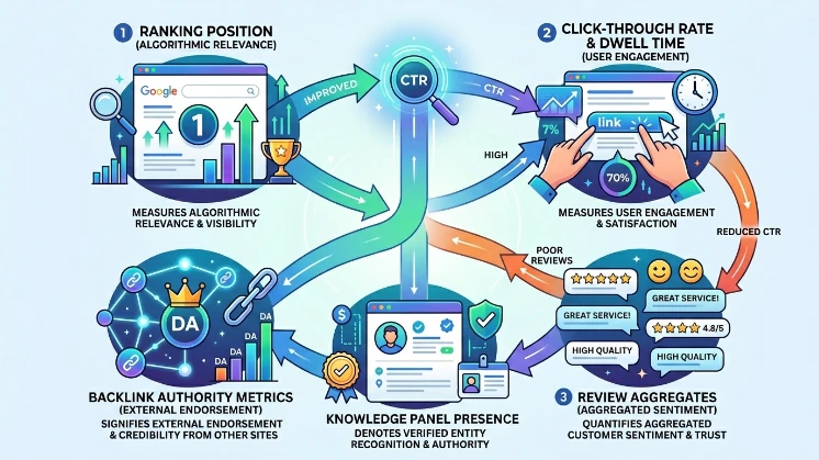 What are the measurable indicators of reputation within search systems