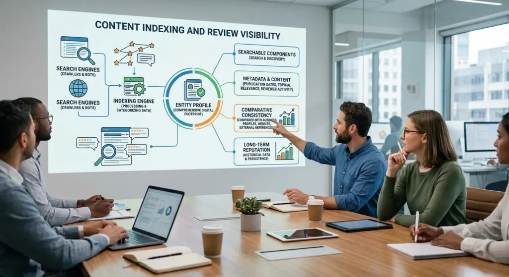 What role does content indexing play in review visibility