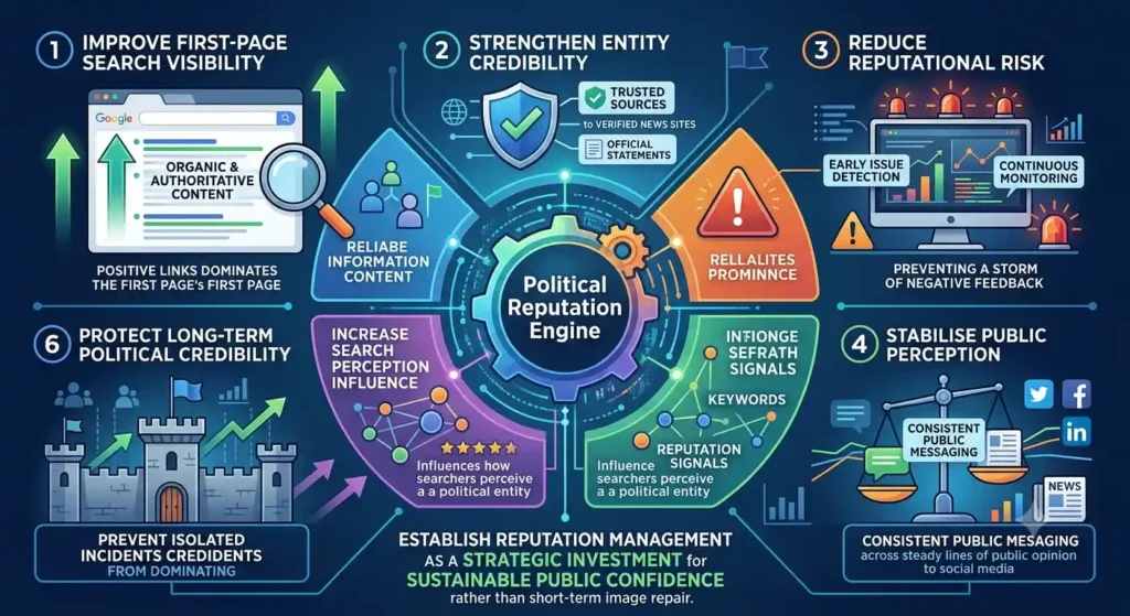 Which measurable outcomes justify investing in political reputation management services
