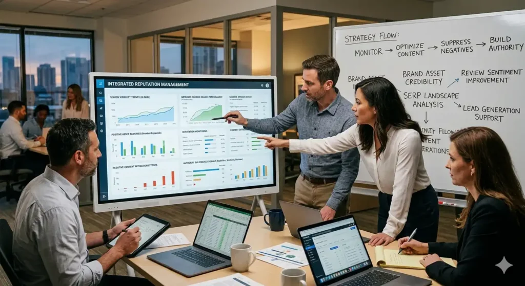 Which reputation management approach delivers measurable search visibility improvements