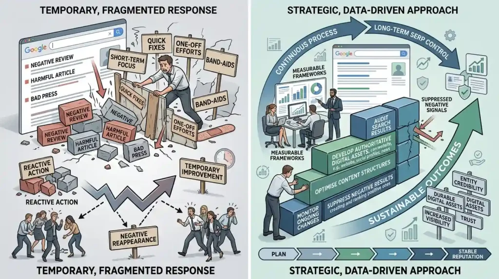 Which reputation management approach ensures long-term SERP control