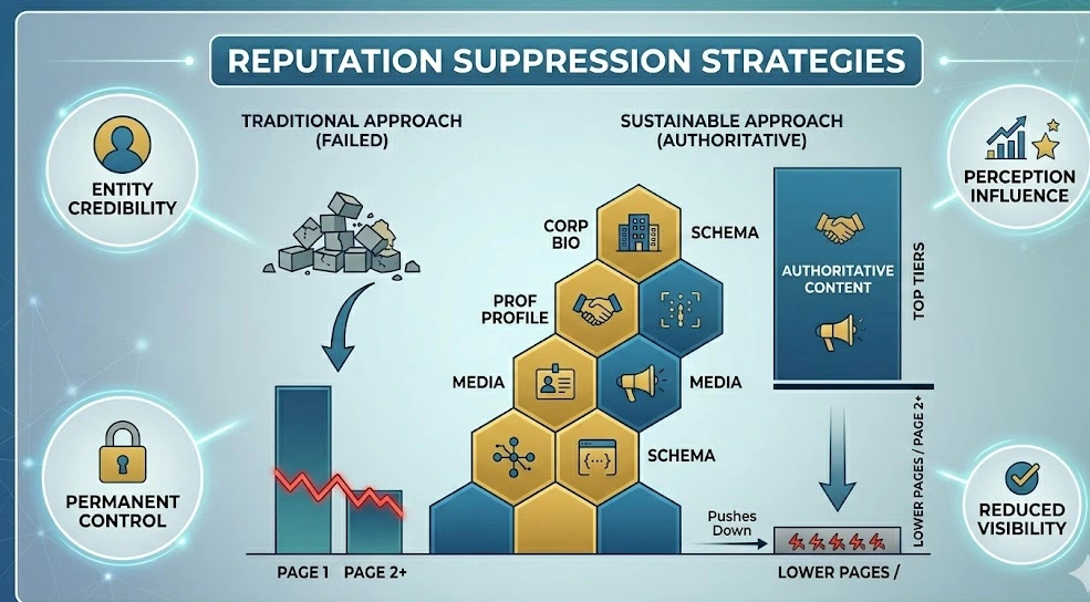 Which reputation management approach ensures sustainable negative content suppression