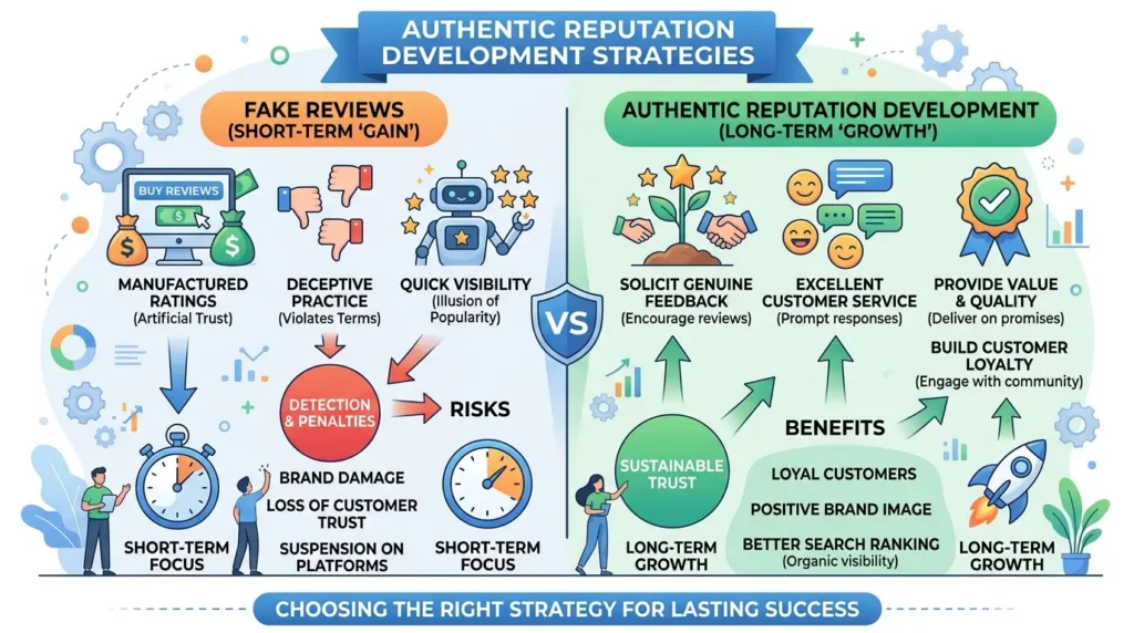 How do fake reviews compare with authentic reputation development strategies?