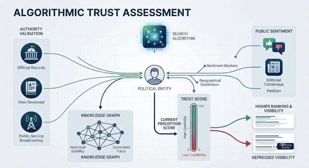 How Do Algorithms Interpret Trust and Credibility for Political Entities