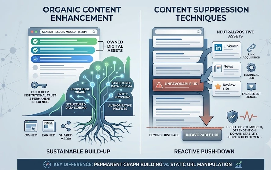 How Do Organic Content Enhancement Strategies Compare with Content Suppression Techniques