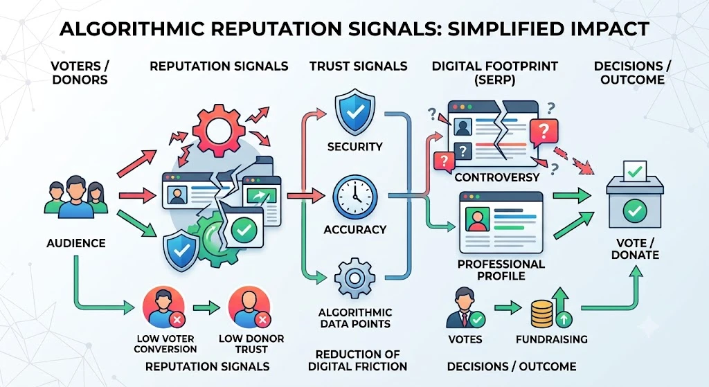 How do algorithmic reputation signals influence voter and donor decisions