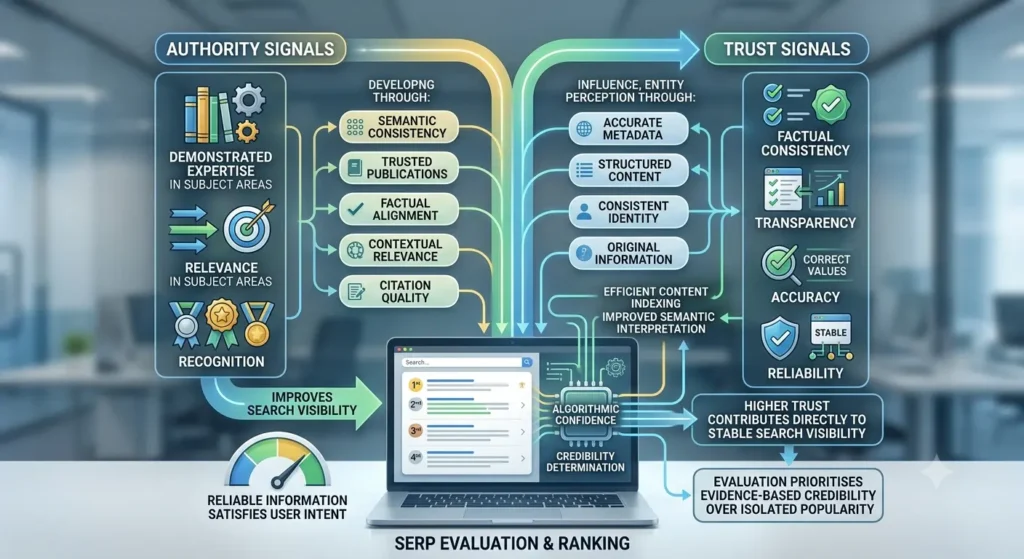 How do authority and trust signals affect SERP evaluation