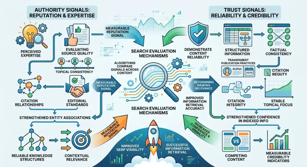 How do authority and trust signals influence search evaluation