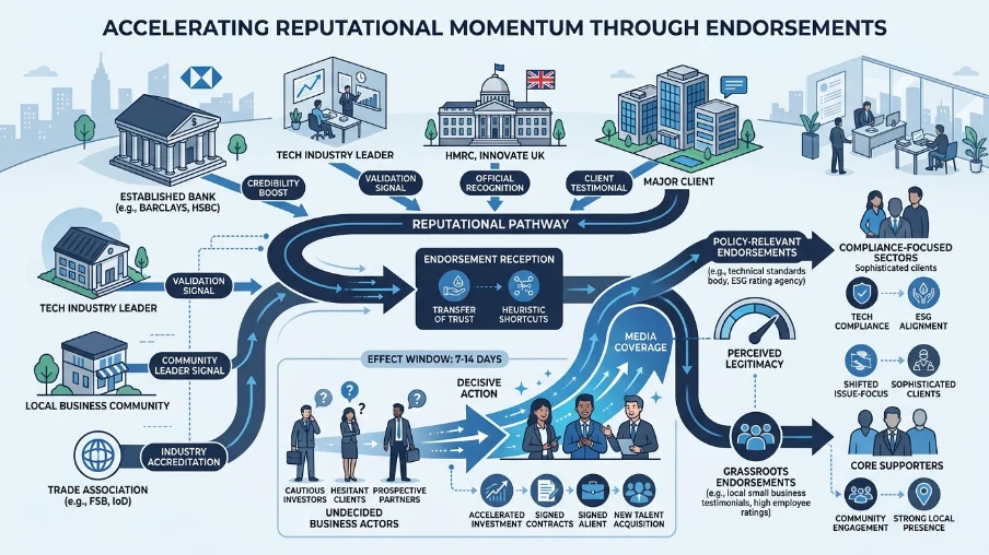 How do endorsements and third-party signals affect reputational momentum