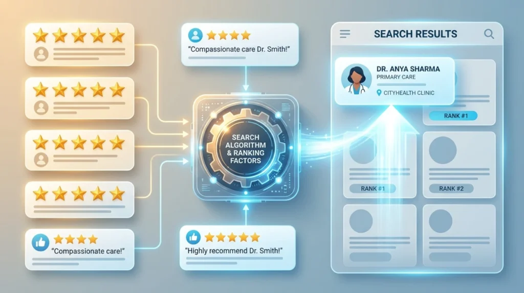 How do patient reviews influence search visibility?