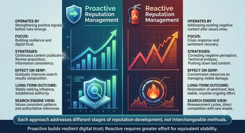 How do proactive and reactive reputation management approaches compare
