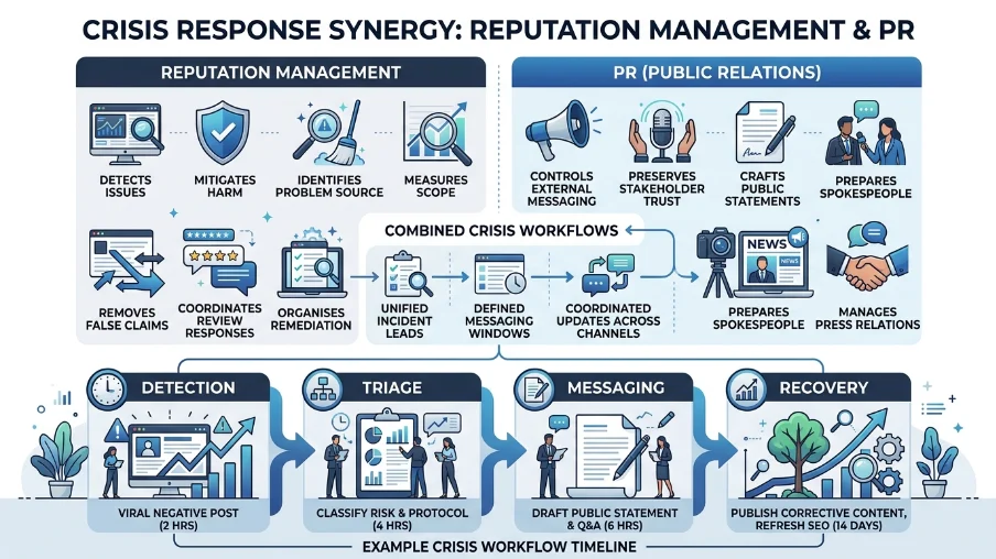 How do reputation management and PR work together during a crisis
