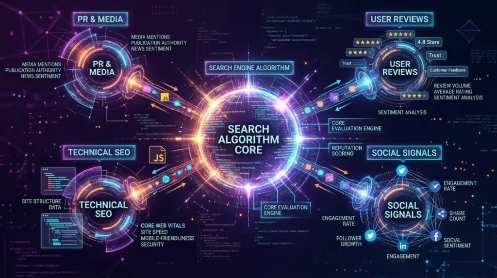 How do search engines evaluate reputation signals across different strategies?