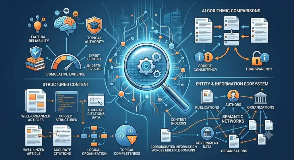 How do search engines evaluate trust and credibility